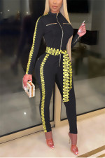 Letter Print Patchwork Zipper Sashes Jumpsuit ZSD-0500