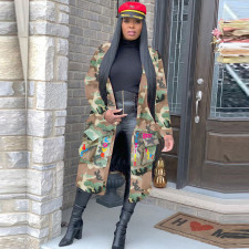 Plus Size Camo Print Full Sleeve Long Coat SH-390237