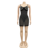 Sexy Hot Drilling Pearls Spaghetti Strap Club Dress BY-5238
