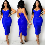 Sexy Sequins Spaghetti Strap Split Club Dress BY-5387