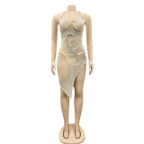 Sexy Mesh Hot Drilling Hollow Split Night Club Dress (With Underpants) BY-5207