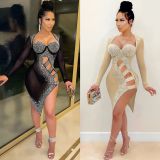 Sexy Mesh Hot Drilling Hollow Split Night Club Dress (With Underpants) BY-5207