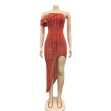 Sexy Hot Drilling Off Shoulder Irregular Long Club Dress BY-5046