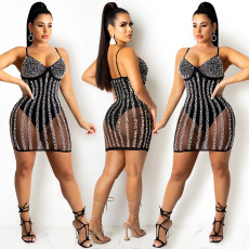 Sexy Hot Drilling Pearls Spaghetti Strap Club Dress BY-5238
