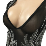 Sexy Mesh Hot Drilling Long Sleeve Maxi Club Dress BY-5002
