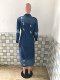 Plus Size Denim Ripped Hole Full Sleeve Long Coat LX-8083
