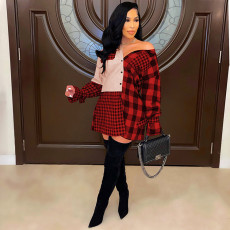Plaid Patchwork Long Sleeve Casual Shirt Dress GLF-10075