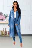 Plus Size Denim Ripped Hole Full Sleeve Long Coat LX-8083