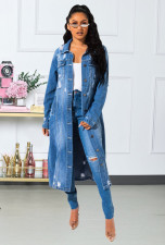 Plus Size Denim Ripped Hole Full Sleeve Long Coat LX-8083