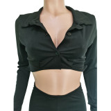 Solid Long Sleeve Crop Top Split Pants 2 Piece Sets BGN-217