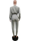 Solid Long Sleeve Casual Two Piece Pants Set MEM-88404