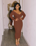Solid Ribbed Long Sleeve Slim Midi Dress XMY-9339