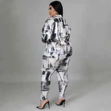 Plus Size Casual Printed Shirt Top And Pants 2 Piece Sets NNWF-7395