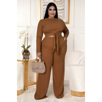 Plus Size Solid Long Sleeve Two Piece Pants Set ASL-7058