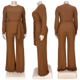 Plus Size Solid Long Sleeve Two Piece Pants Set ASL-7058