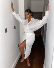 White Long Sleeve Sashes Shirt Dress JZHF-8078