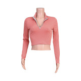Solid Long Sleeve Zipper Crop Top JZHF-8007
