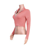 Solid Long Sleeve Zipper Crop Top JZHF-8007