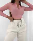 Solid Long Sleeve Zipper Crop Top JZHF-8007