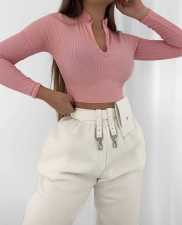 Solid Long Sleeve Zipper Crop Top JZHF-8007