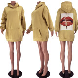 Lip Print Pocket Casual Loose Hoodie Dress JZHF-8093