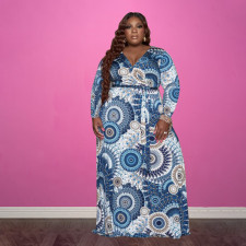Plus Size Printed V Neck Long Sleeve Maxi Dress OSIF-21383