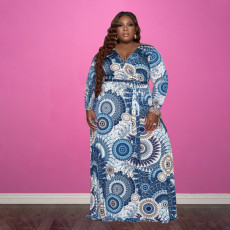 Plus Size Printed V Neck Long Sleeve Maxi Dress OSIF-21383