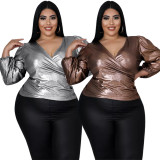 Plus Size Solid V Neck Long Sleeve Top ASL-7062