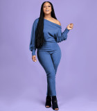 Plus Size Solid Off Shoulder Long Sleeve Jumpsuit OMY-80083