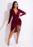 Sexy Velour V Neck Drawstring Bodycon Dress XMY-9342