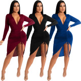 Sexy Velour V Neck Drawstring Bodycon Dress XMY-9342