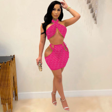 Sexy Halter Crop Top+Mini Skirt+Underpants 3 Piece Sets TE-4373