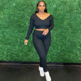 Solid Ribbed V Neck Long Sleeve 2 Piece Pants Set XMY-9345