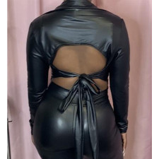 PU Leather Backless Tie-Knot Long Sleeve Top LSD-81096
