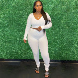 Solid Ribbed V Neck Long Sleeve 2 Piece Pants Set XMY-9345