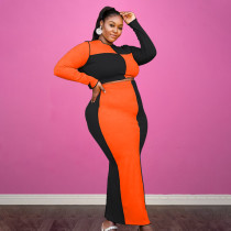 Plus Size Contrast Color Long Sleeve Maxi Skirt 2 Piece Sets OSIF-21418