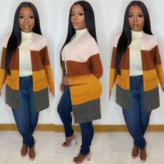 Contrast Color Knitted Midi Length Sweater Cardigan FSXF-F334