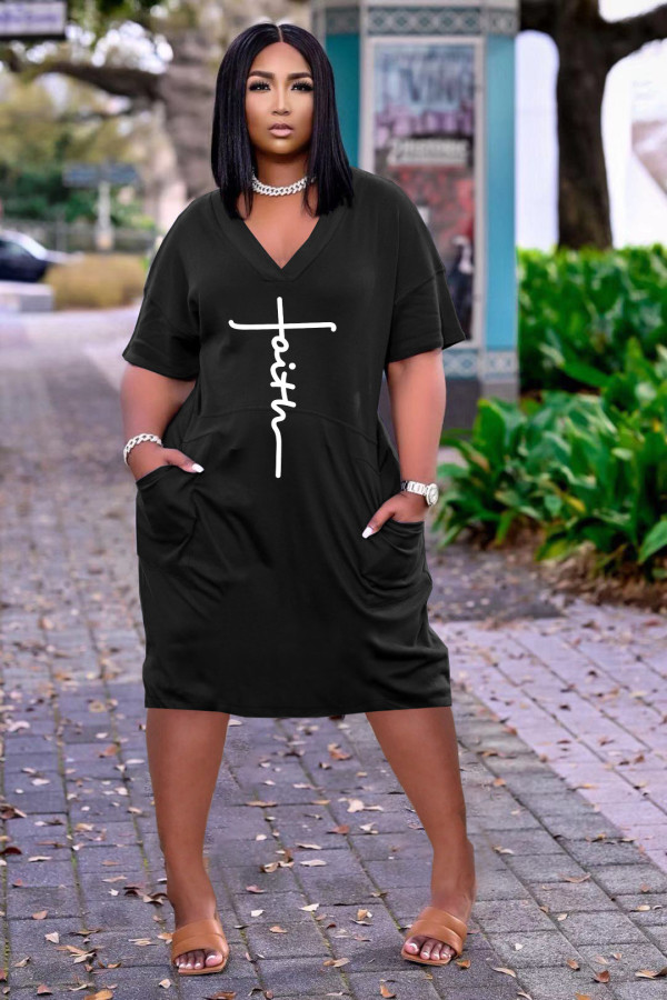 Plus Size Letter Print V Neck Short Sleeve Midi Dress TK-6215