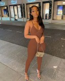 Sexy Solid V Neck Backless Cross Strap Tight Jumpsuit NIK-270