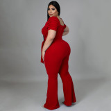 Plus Size Solid V Neck Short Sleeve Sashes Jumpsuit NNWF-7427