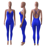 Sexy Solid V Neck Backless Cross Strap Tight Jumpsuit NIK-270