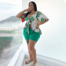 Plus Size Printed Tie-Up Top+Shorts 2 Piece Sets NNWF-7081
