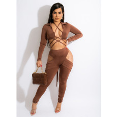 Sexy Long Sleeve Bandage Top+Hollow Out Pants Set BN-9317