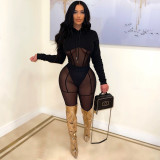 Sexy Mesh See Through Hooded Two Piece Pants Set BN-9318