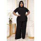 Plus Size Solid Split Top Wide Leg Pants 2 Piece Sets ASL-7070
