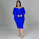 Plus Size Solid V Neck Long Sleeve Midi Dress NNWF-7371