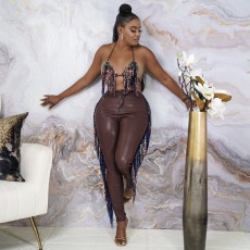 Plus Size Tassel Halter Bra Top+PU Leather Pants 2 Piece Sets OSIF-21480