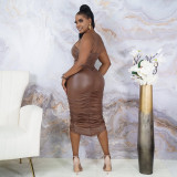 Plus Size Sexy Ruched Hollow Sling Midi Dress OSIF-21486