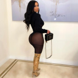 Black Mesh Hooded Long Sleeve Bodysuit+Pants 2 Piece Sets NY-2307