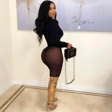 Black Mesh Hooded Long Sleeve Bodysuit+Pants 2 Piece Sets NY-2307